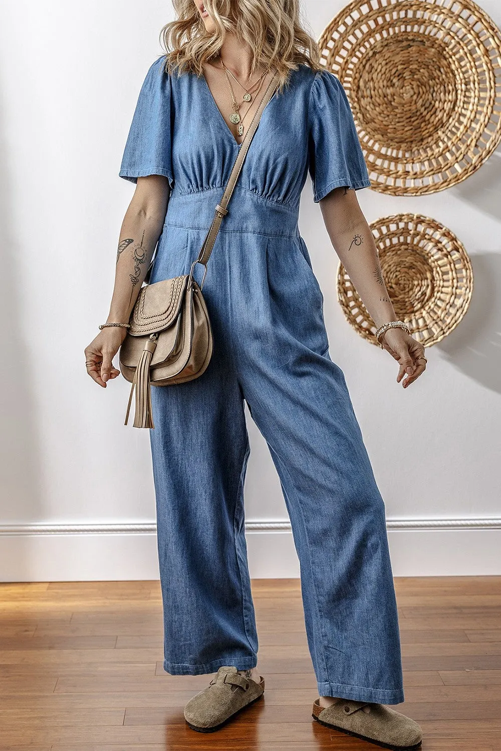 Hazel Blues® |  V Neck Short Sleeve Smocked Back Denim Jumpsuit