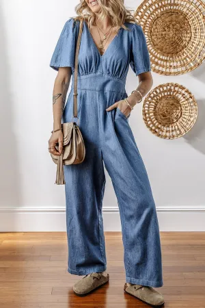 Hazel Blues® |  V Neck Short Sleeve Smocked Back Denim Jumpsuit