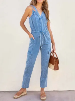 Hazel Blues® |  V-Neck Sleeveless Denim Jumpsuit