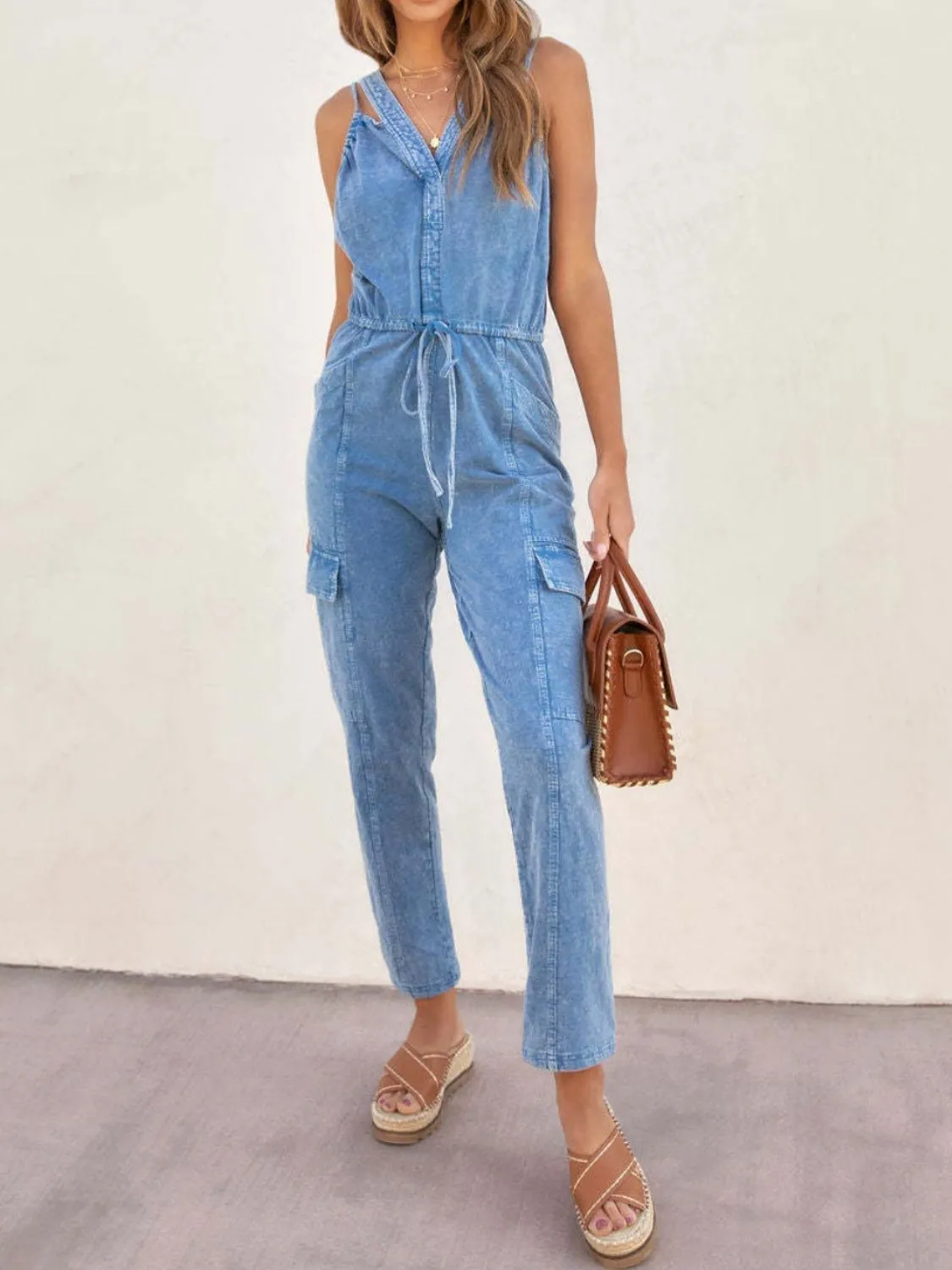 Hazel Blues® |  V-Neck Sleeveless Denim Jumpsuit