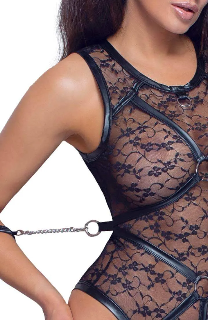 Lace bodysuit with harness & metal string - All Tied Up