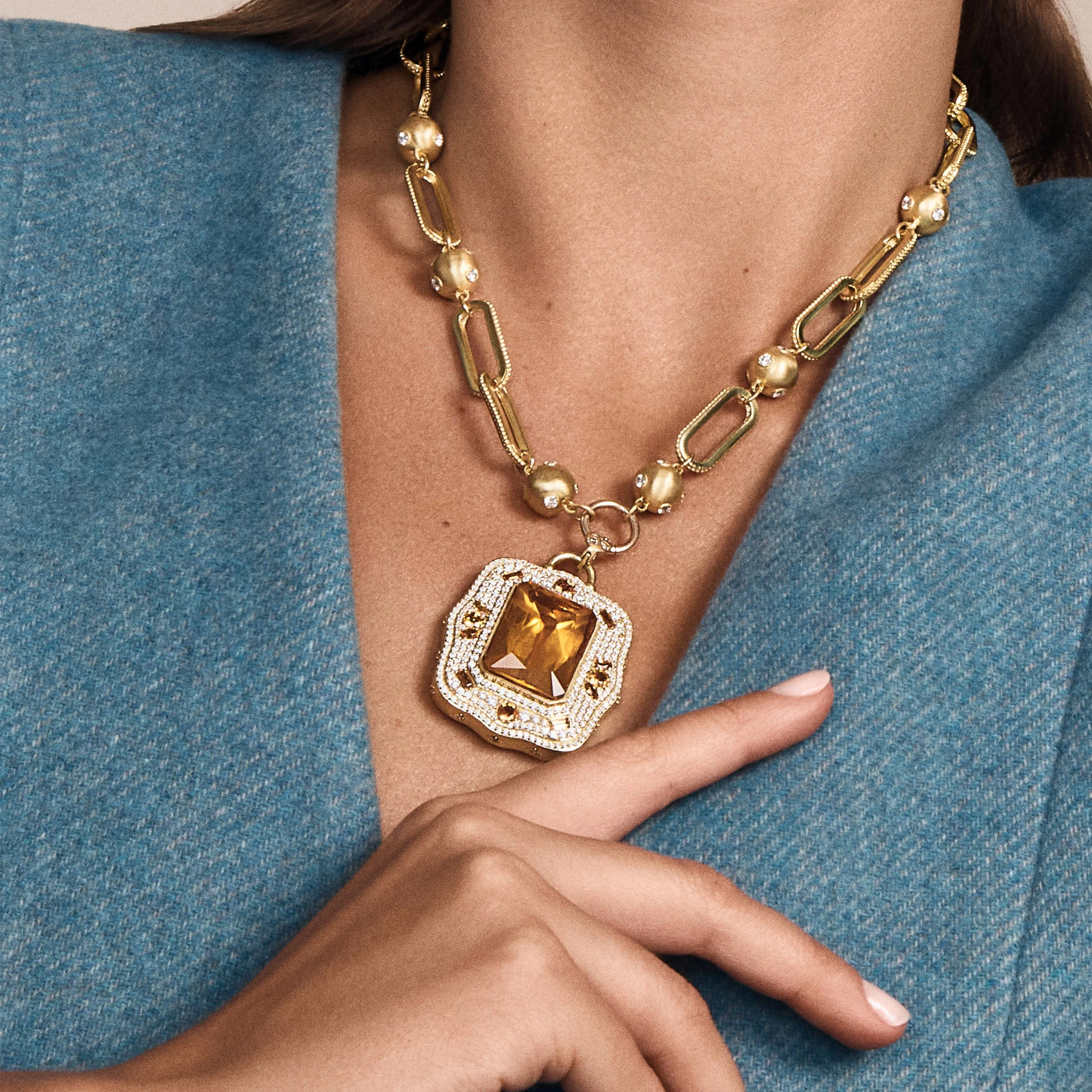 Large Rectangular Link & Diamond Ball Necklace