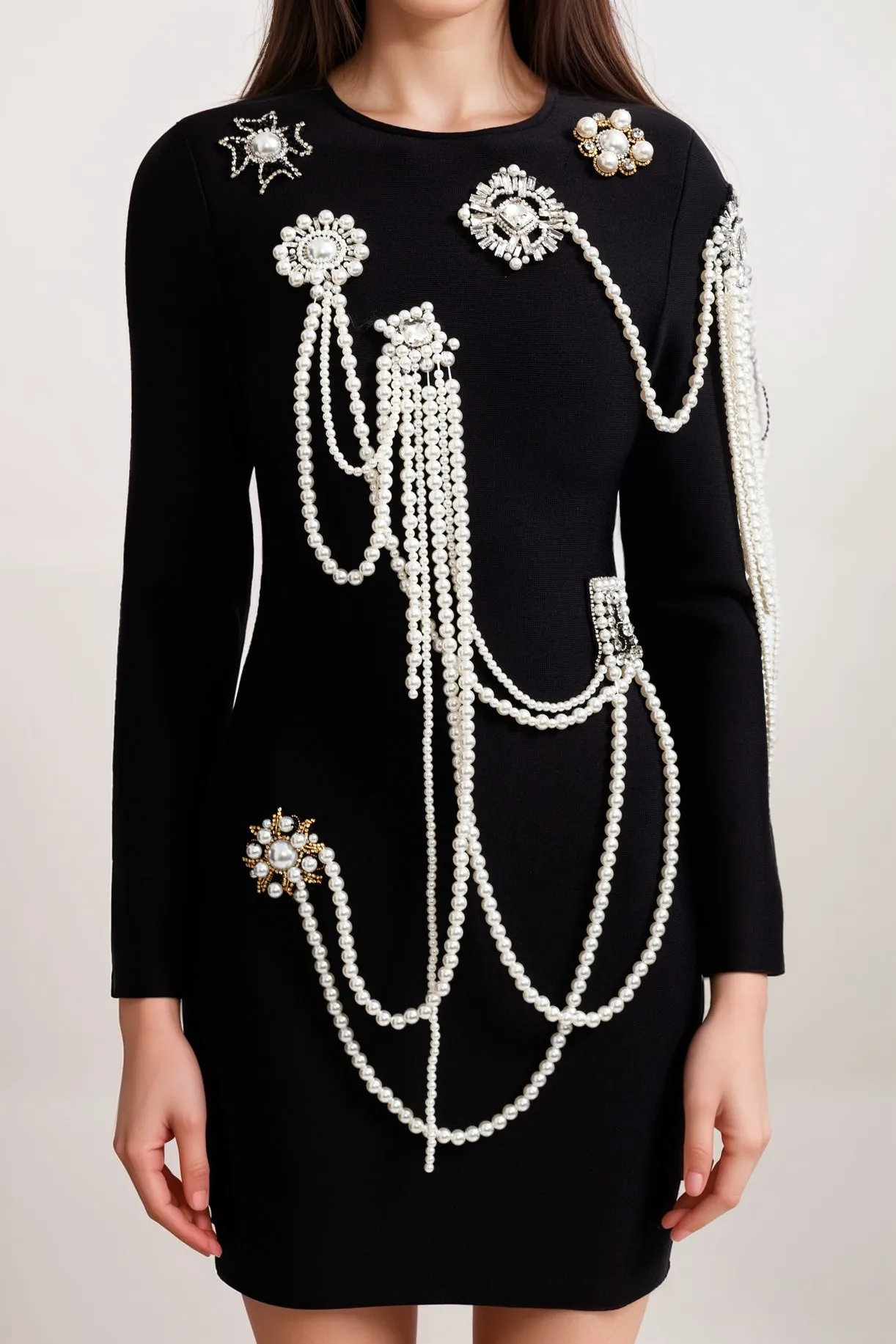 Long Sleeve Diamond Pearls Dress - Black