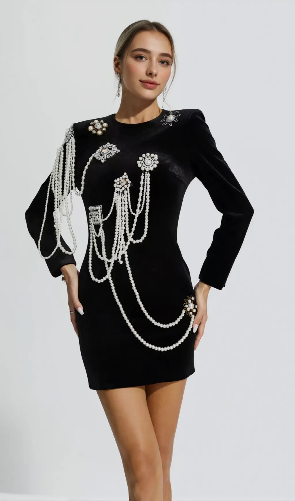 Long Sleeve Diamond Pearls Dress - Black
