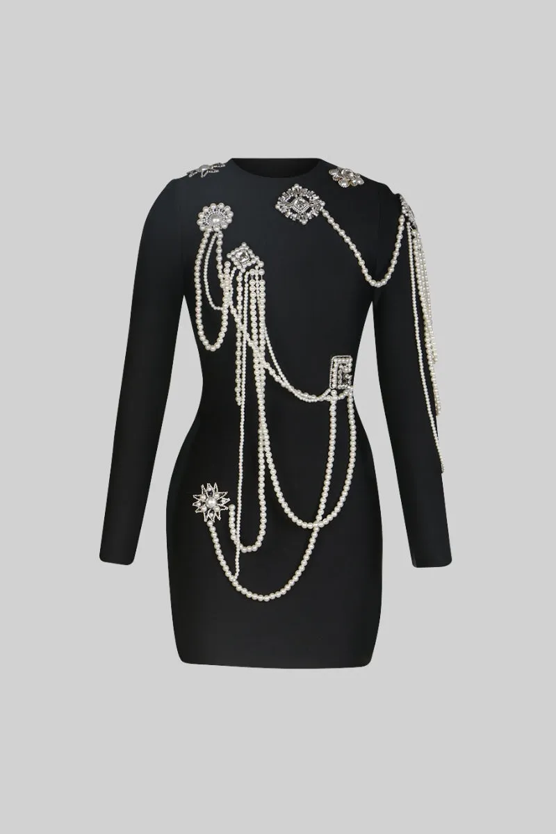 Long Sleeve Diamond Pearls Dress - Black