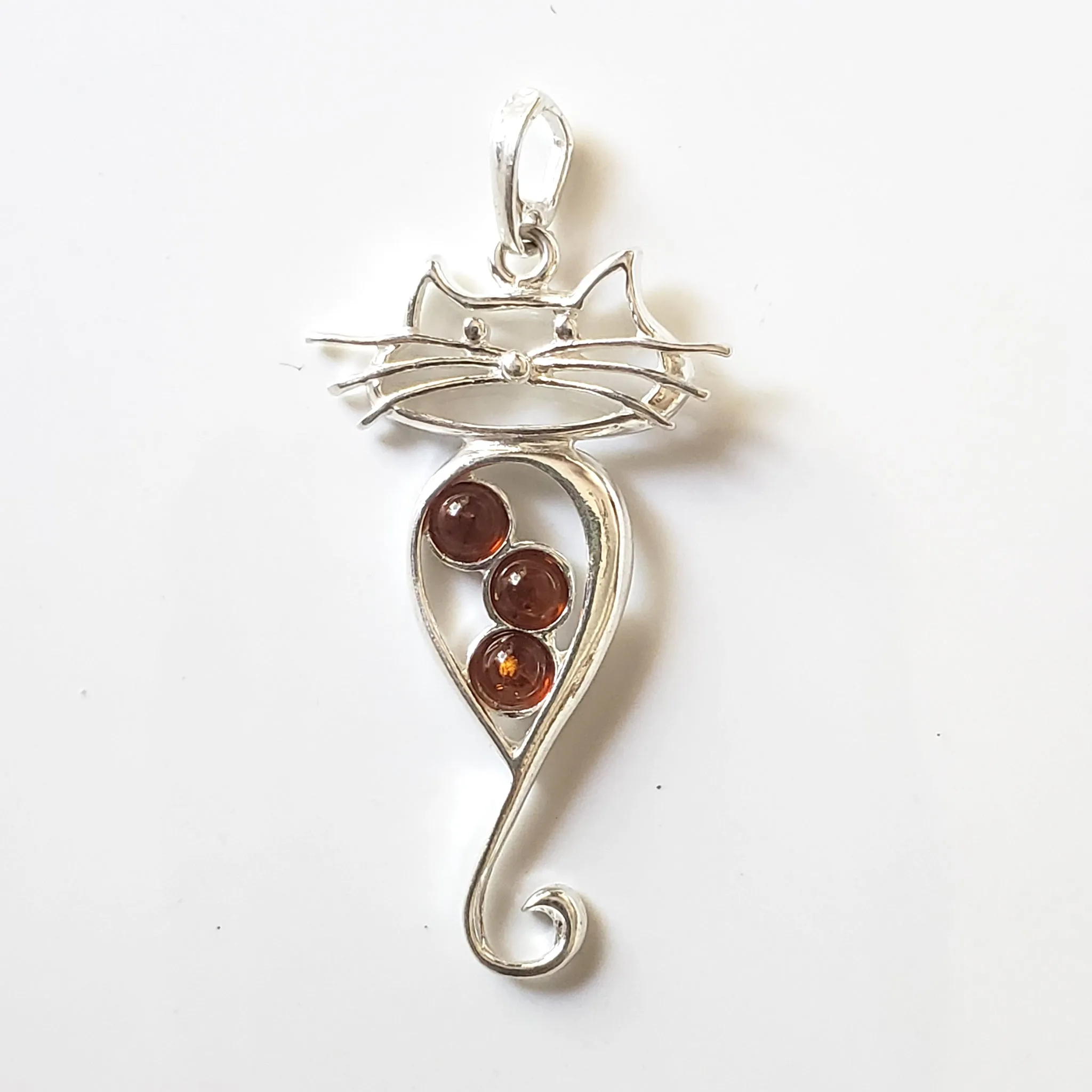 Long Tail Cat Silver Pendant with Natural Amber