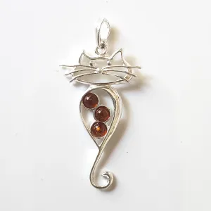 Long Tail Cat Silver Pendant with Natural Amber