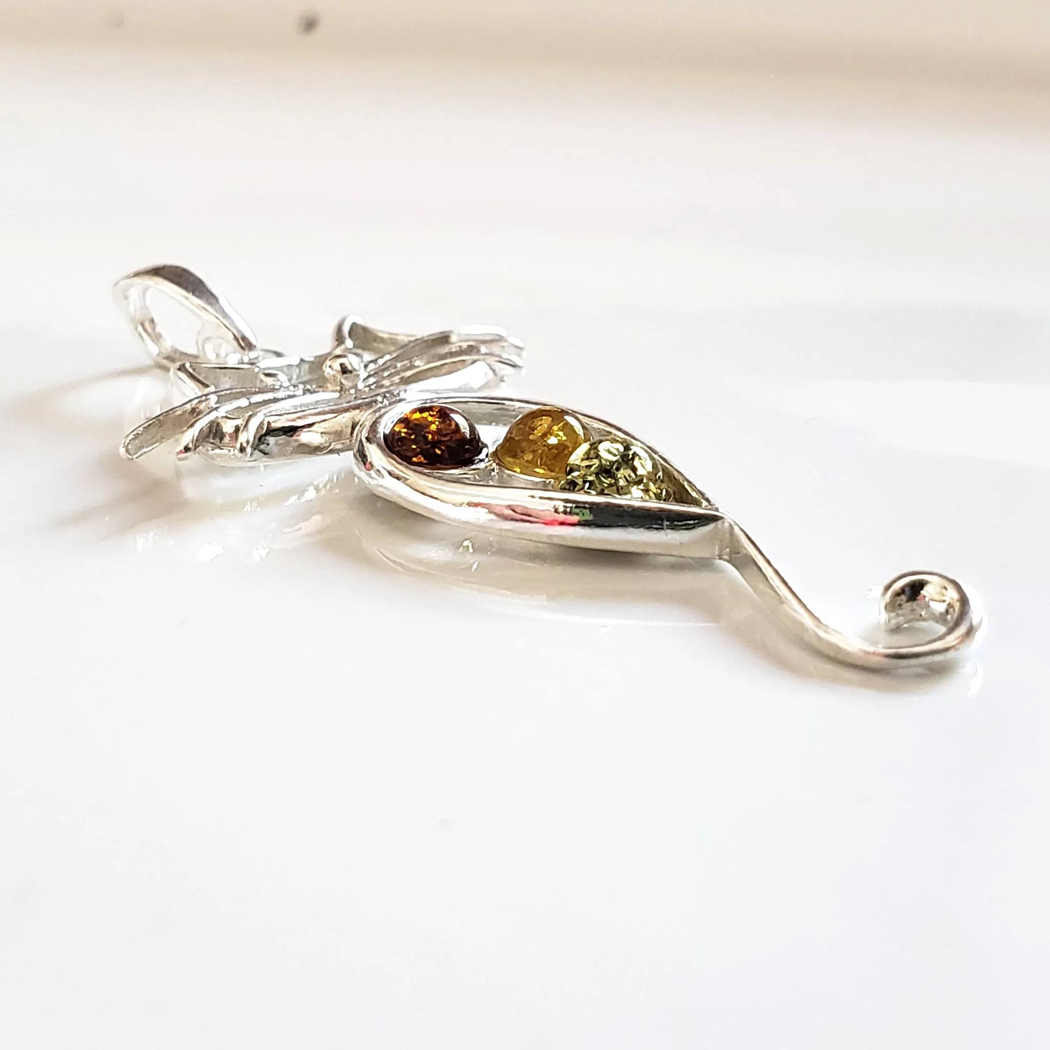 Long Tail Cat Silver Pendant with Natural Amber