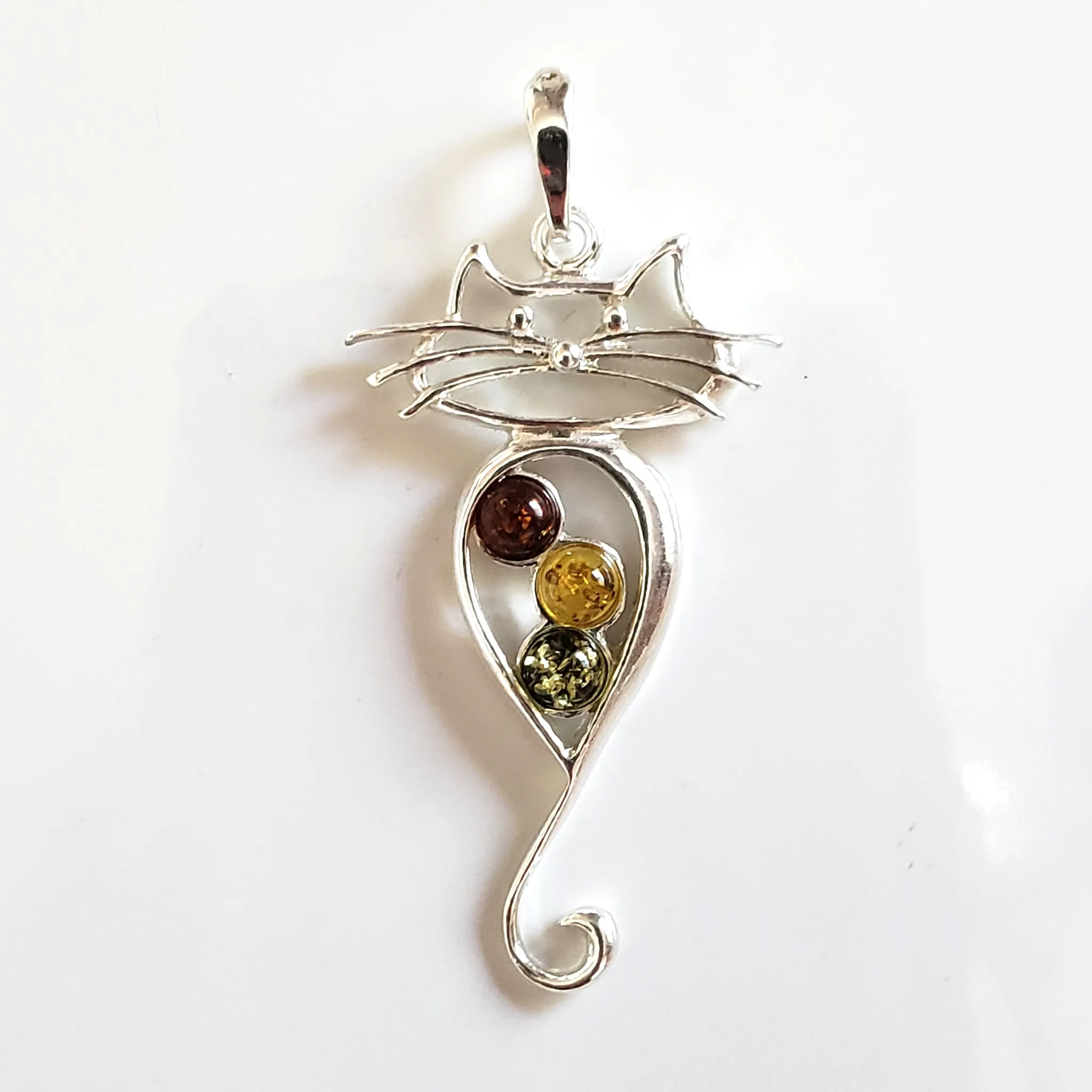 Long Tail Cat Silver Pendant with Natural Amber