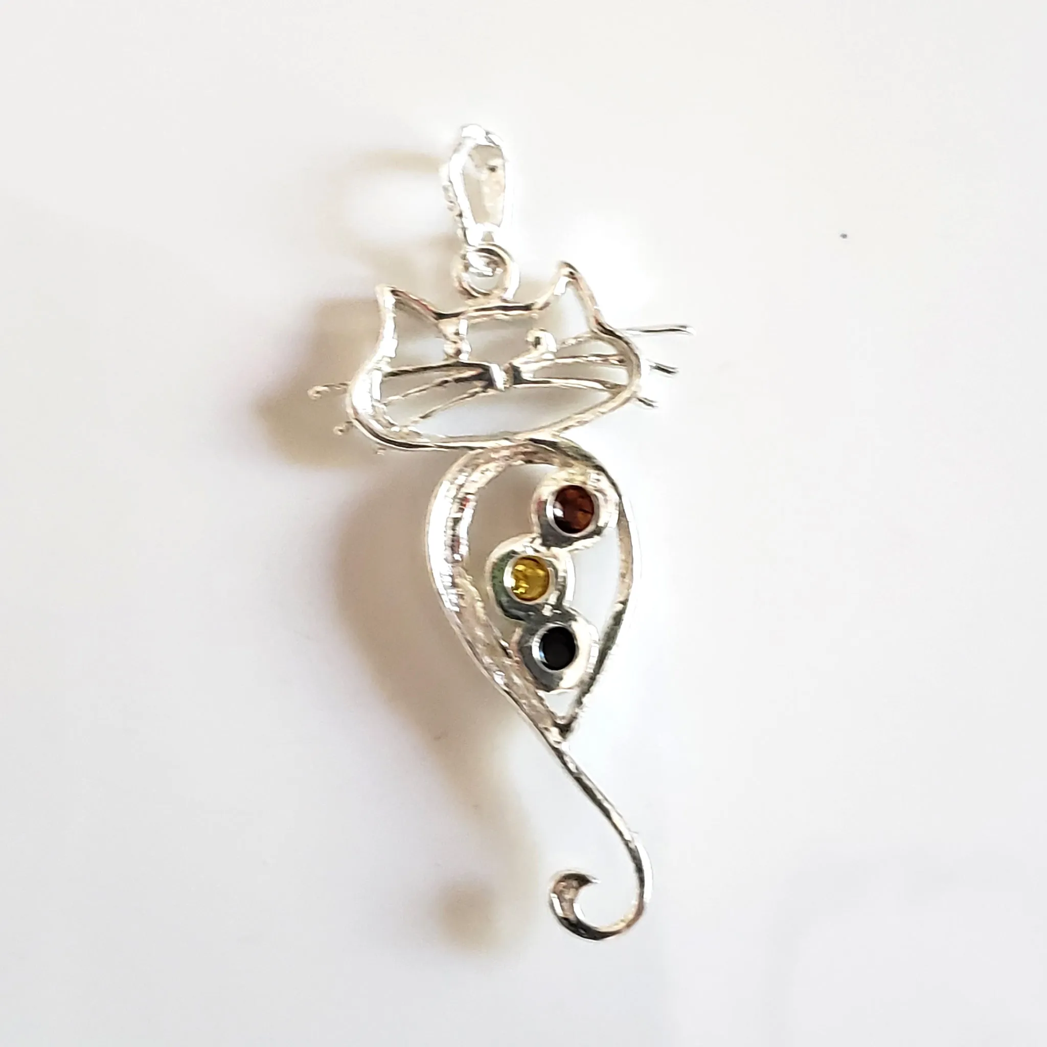 Long Tail Cat Silver Pendant with Natural Amber