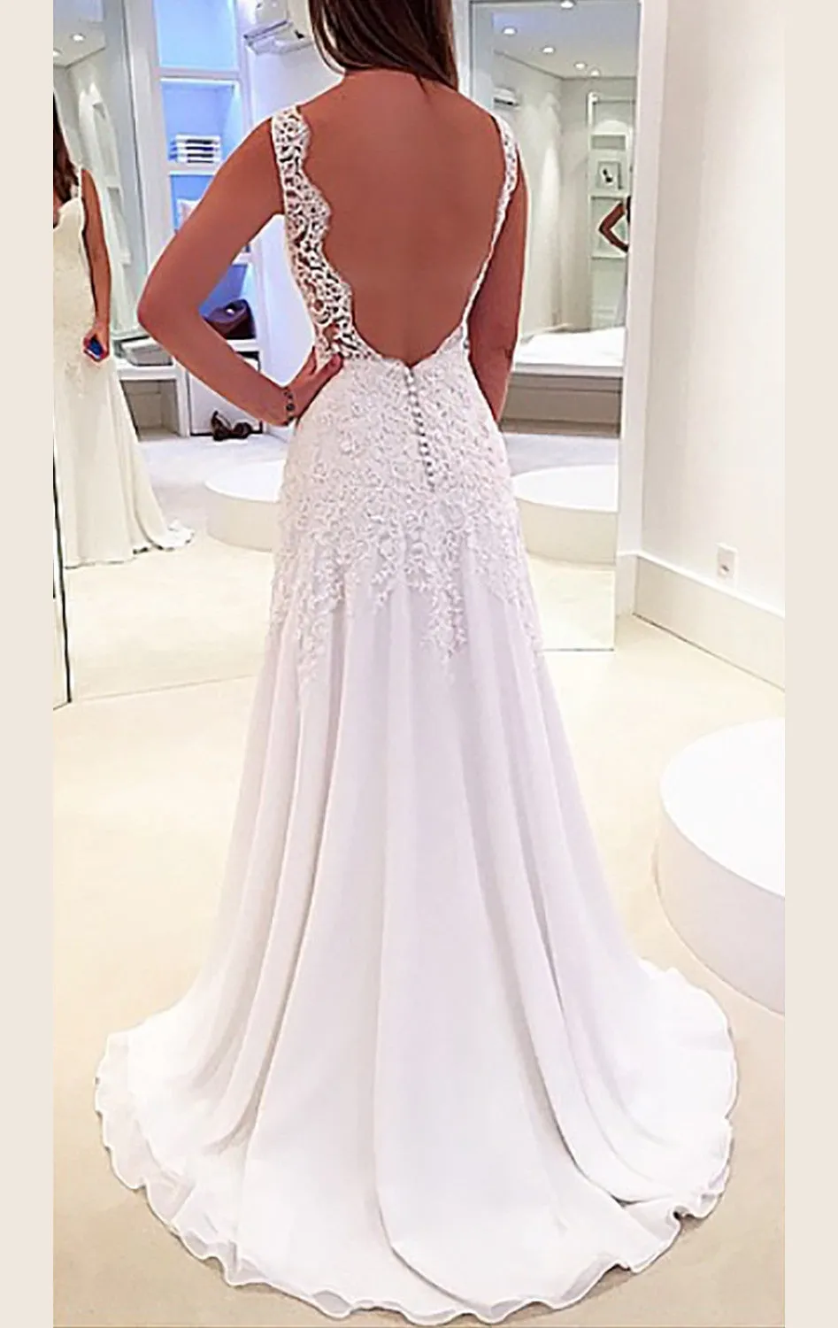 MACloth Straps V Neck Lace Chiffon Long Prom Dress Ivory Formal Gown