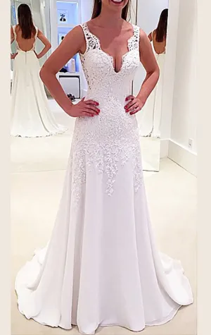 MACloth Straps V Neck Lace Chiffon Long Prom Dress Ivory Formal Gown