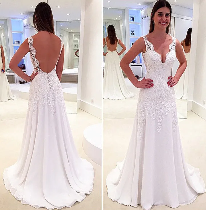 MACloth Straps V Neck Lace Chiffon Long Prom Dress Ivory Formal Gown