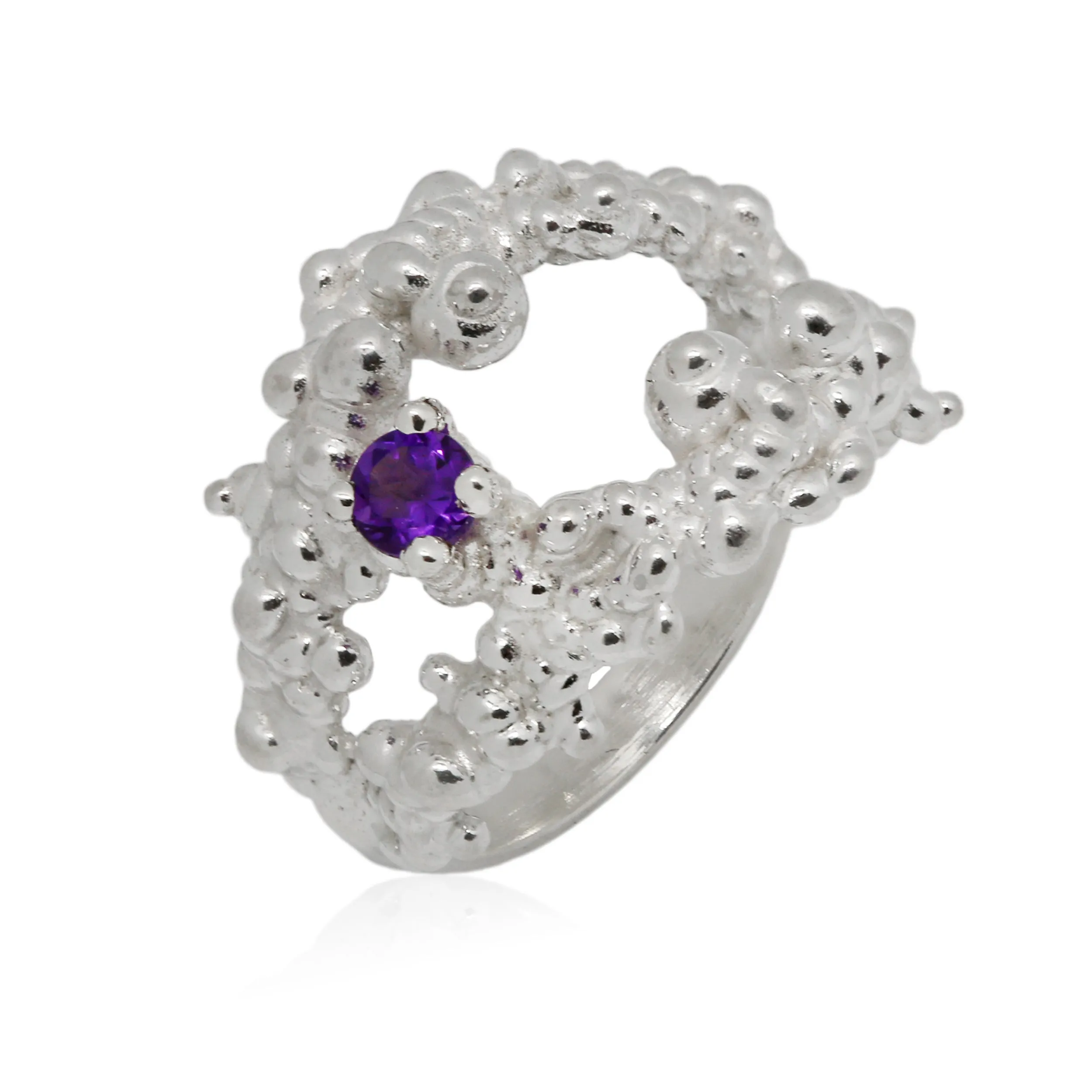 Mammatus Big Silver Ring with Violet Amethyst