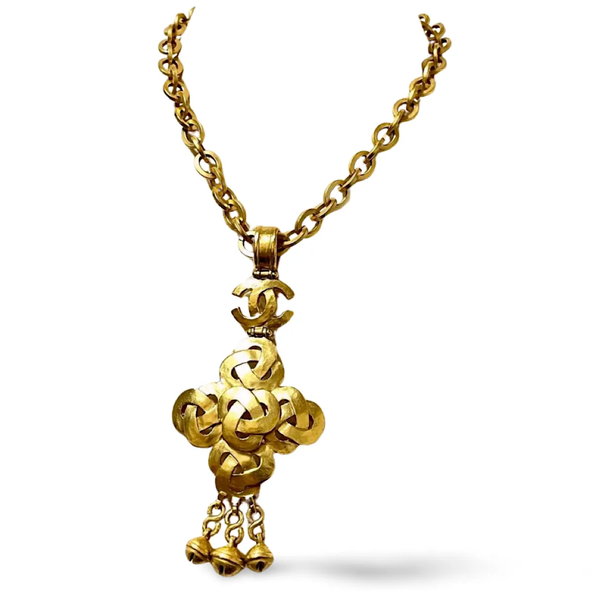 MINT. Vintage Chanel thick chain statement necklace with knot and CC mark pendant top and bells. Gorgeous masterpiece. 061224ac3