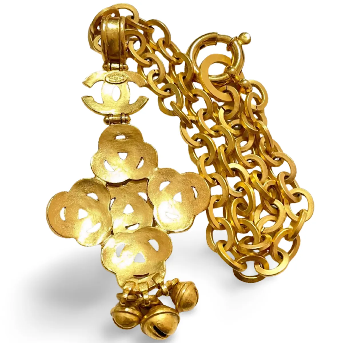 MINT. Vintage Chanel thick chain statement necklace with knot and CC mark pendant top and bells. Gorgeous masterpiece. 061224ac3
