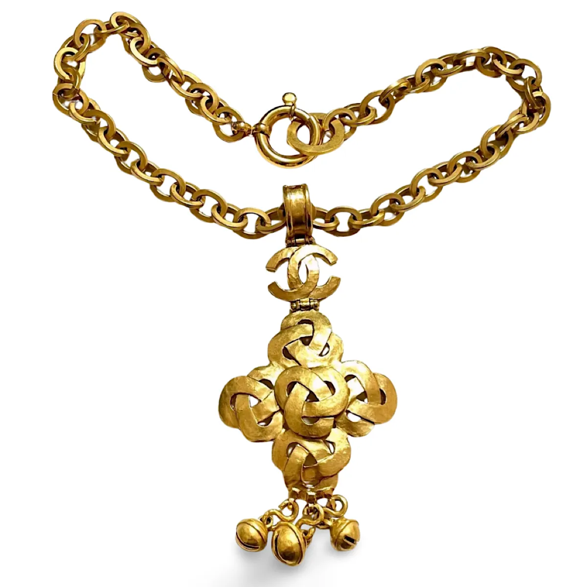 MINT. Vintage Chanel thick chain statement necklace with knot and CC mark pendant top and bells. Gorgeous masterpiece. 061224ac3