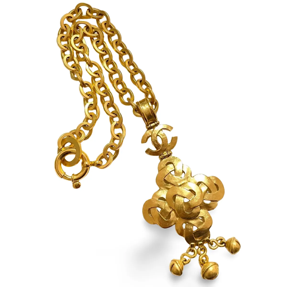 MINT. Vintage Chanel thick chain statement necklace with knot and CC mark pendant top and bells. Gorgeous masterpiece. 061224ac3