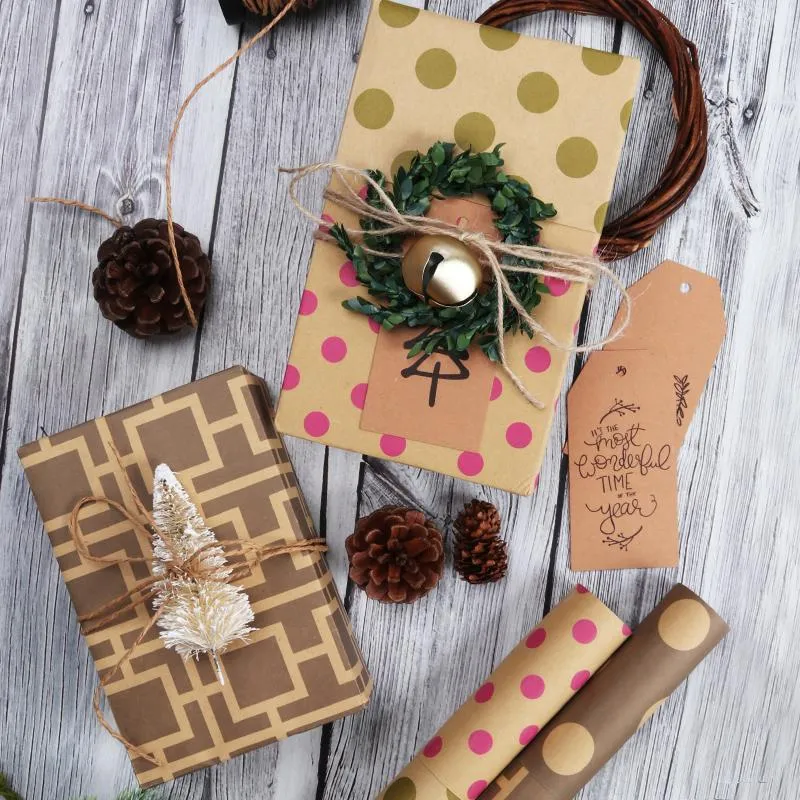 Modern Geo Kraft "Trellis/Polka Dots" Brown Wrapping Paper Sheets