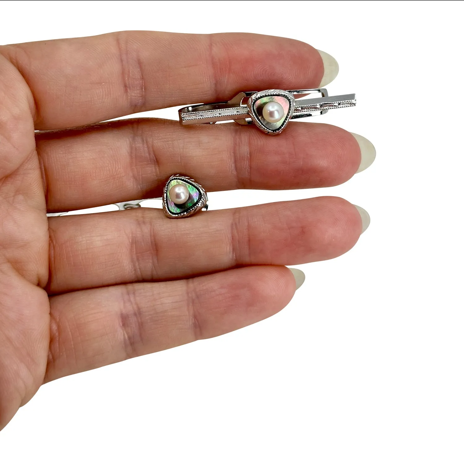 MOP Designer Maruwa Japanese Cultured Akoya Pearl Mother of Pearl Mid Century Tie Bar Tac Set - Sterling Silver
