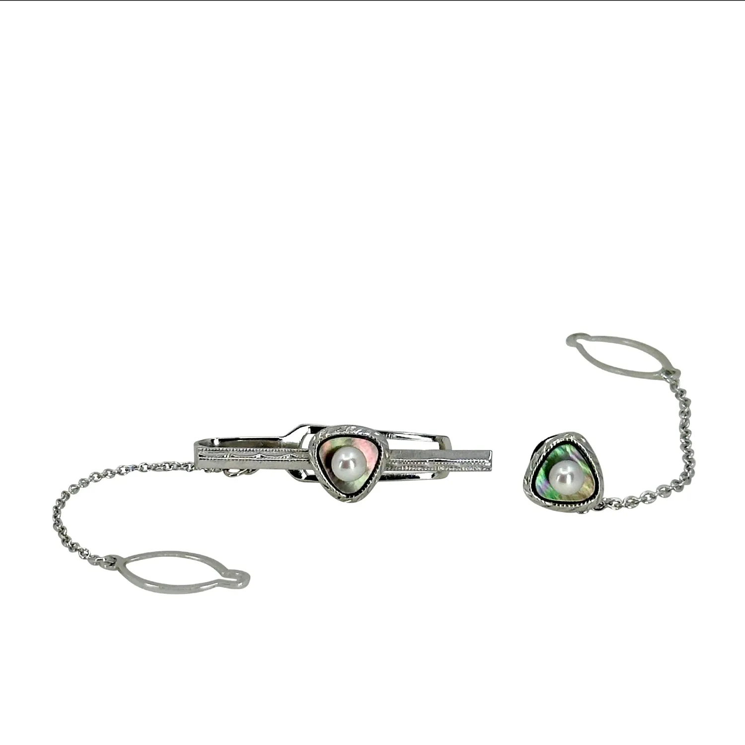 MOP Designer Maruwa Japanese Cultured Akoya Pearl Mother of Pearl Mid Century Tie Bar Tac Set - Sterling Silver