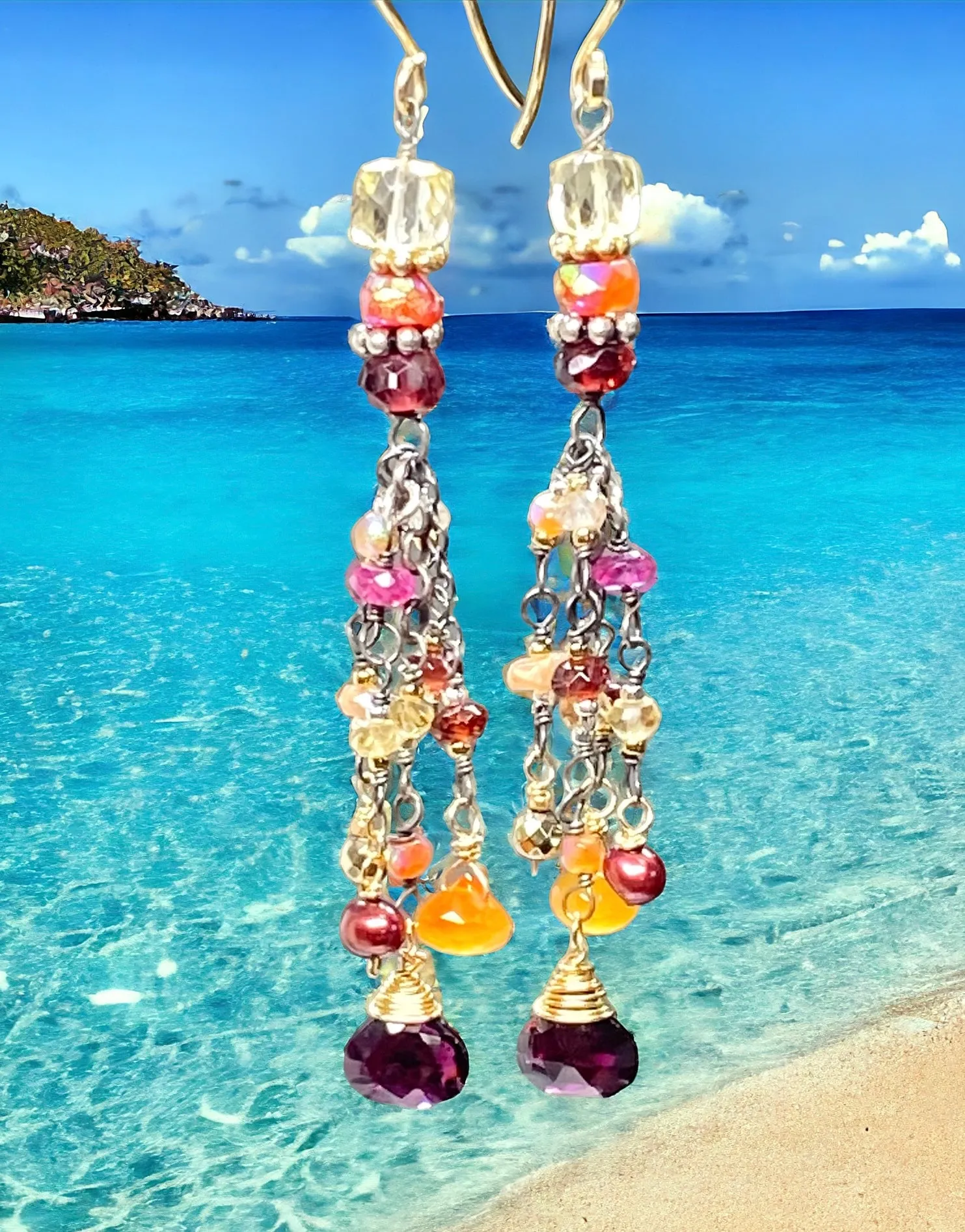 Multi Gemstone Gem Dangle Earrings, Boho Tassel Style, Red Garnet, Carnelian, Citrine, Mixed Metal