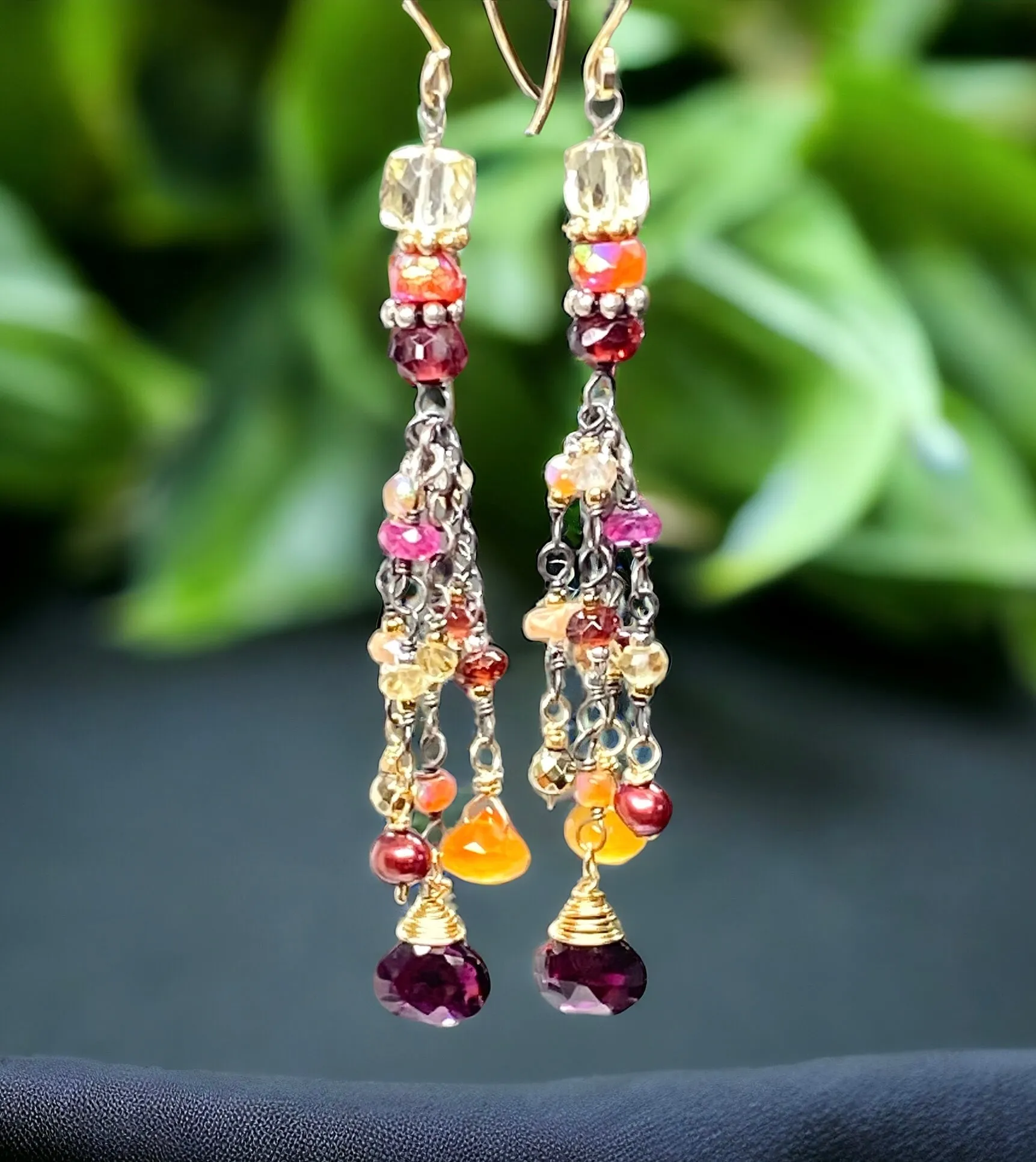 Multi Gemstone Gem Dangle Earrings, Boho Tassel Style, Red Garnet, Carnelian, Citrine, Mixed Metal