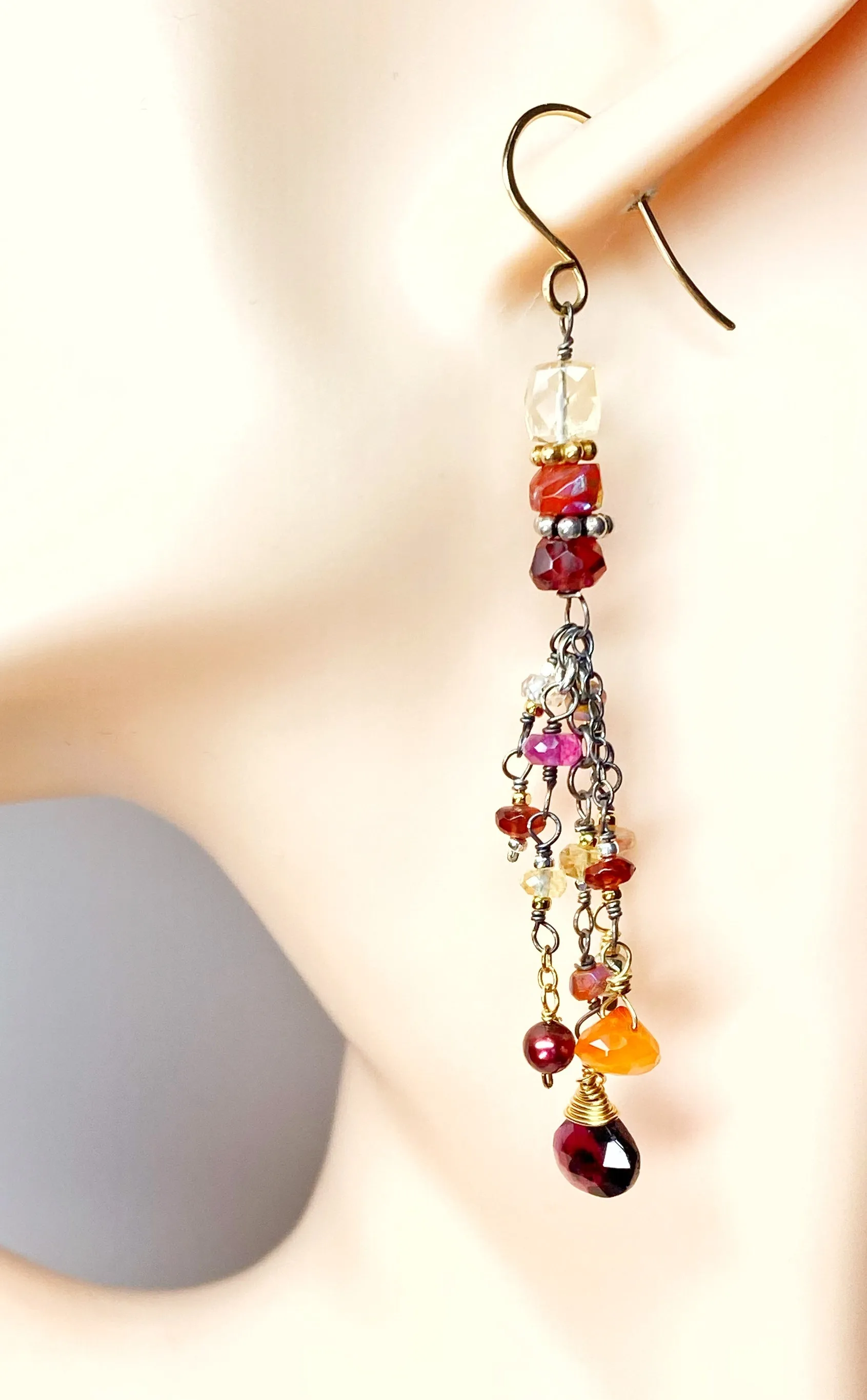 Multi Gemstone Gem Dangle Earrings, Boho Tassel Style, Red Garnet, Carnelian, Citrine, Mixed Metal