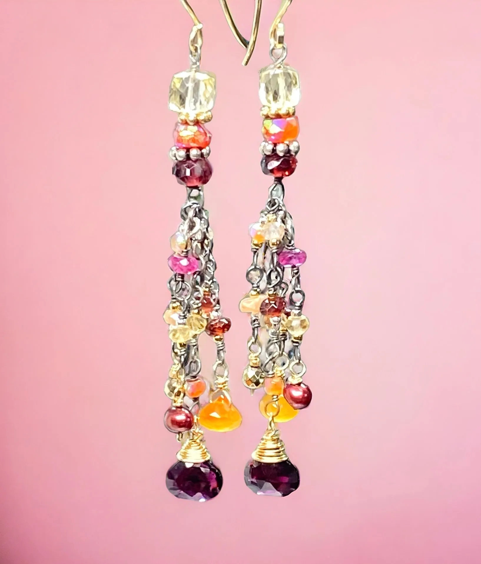 Multi Gemstone Gem Dangle Earrings, Boho Tassel Style, Red Garnet, Carnelian, Citrine, Mixed Metal