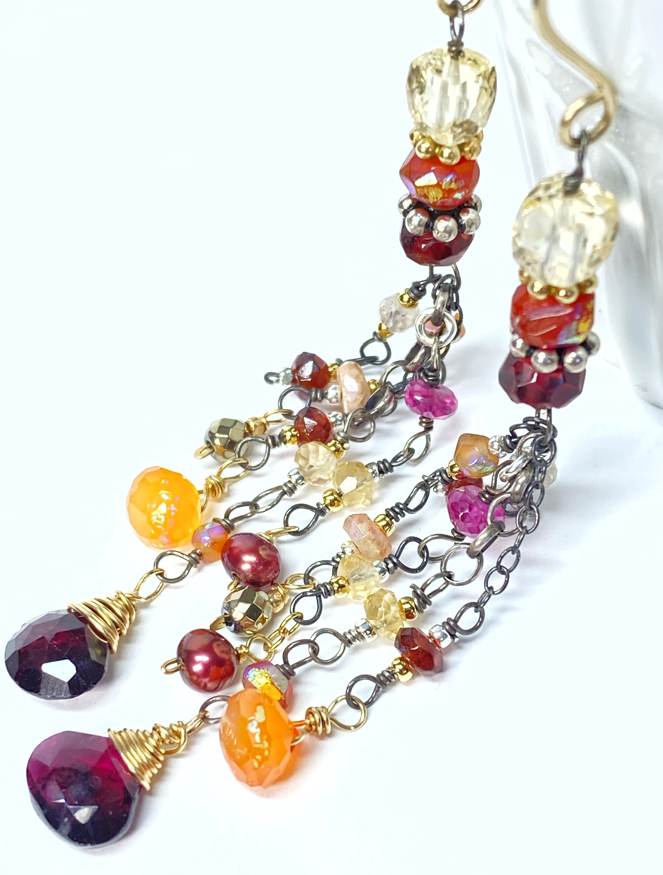 Multi Gemstone Gem Dangle Earrings, Boho Tassel Style, Red Garnet, Carnelian, Citrine, Mixed Metal