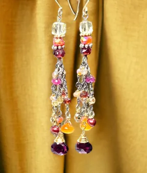 Multi Gemstone Gem Dangle Earrings, Boho Tassel Style, Red Garnet, Carnelian, Citrine, Mixed Metal