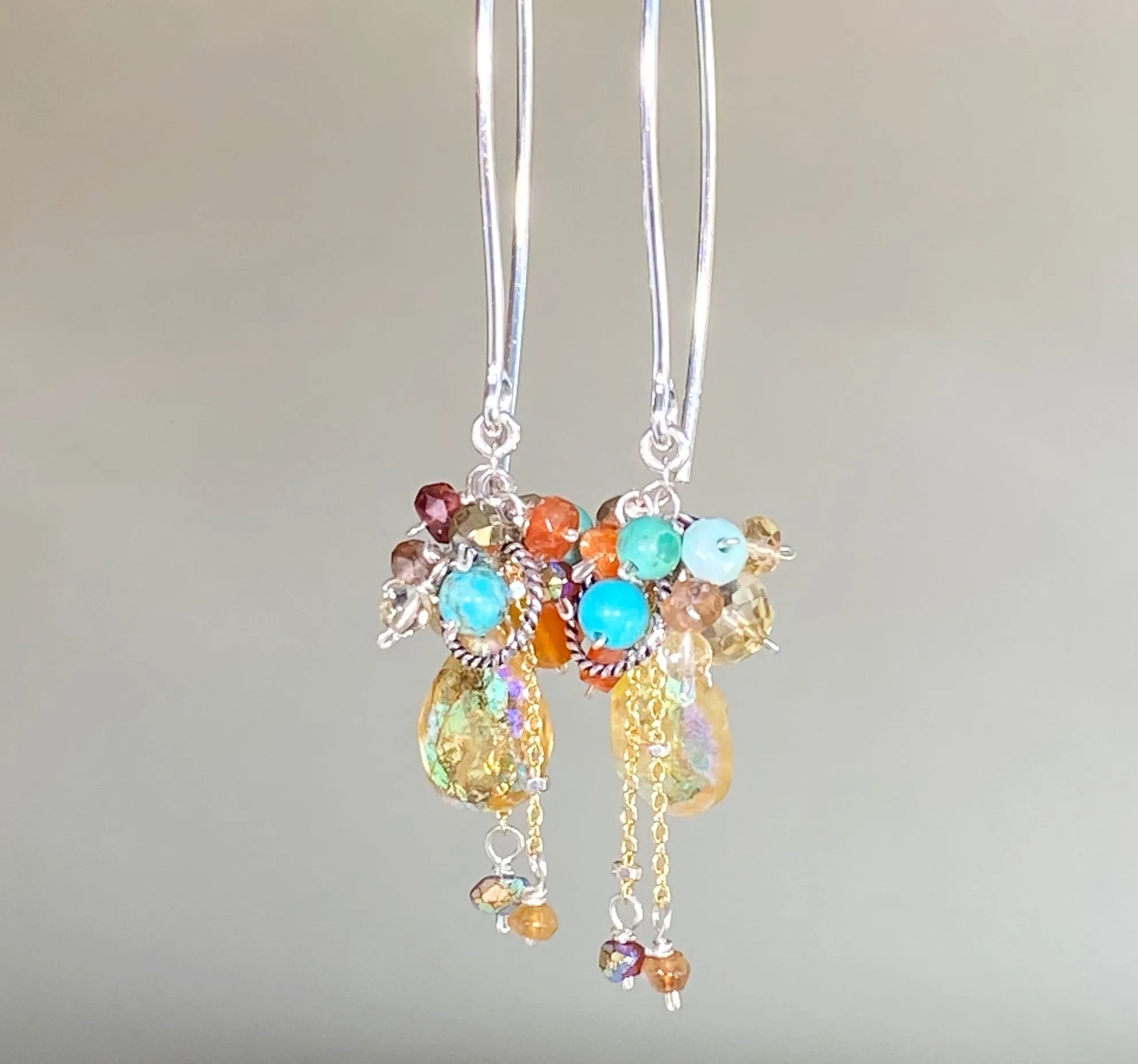 Mystic Citrine Earth Tone Gem Cluster Long Earrings Sterling Silver