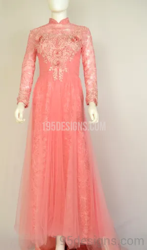 ÁO DÀI Hồng Cam Kết Hoa 3D Gold | Coral AO DAI Flower Crystal