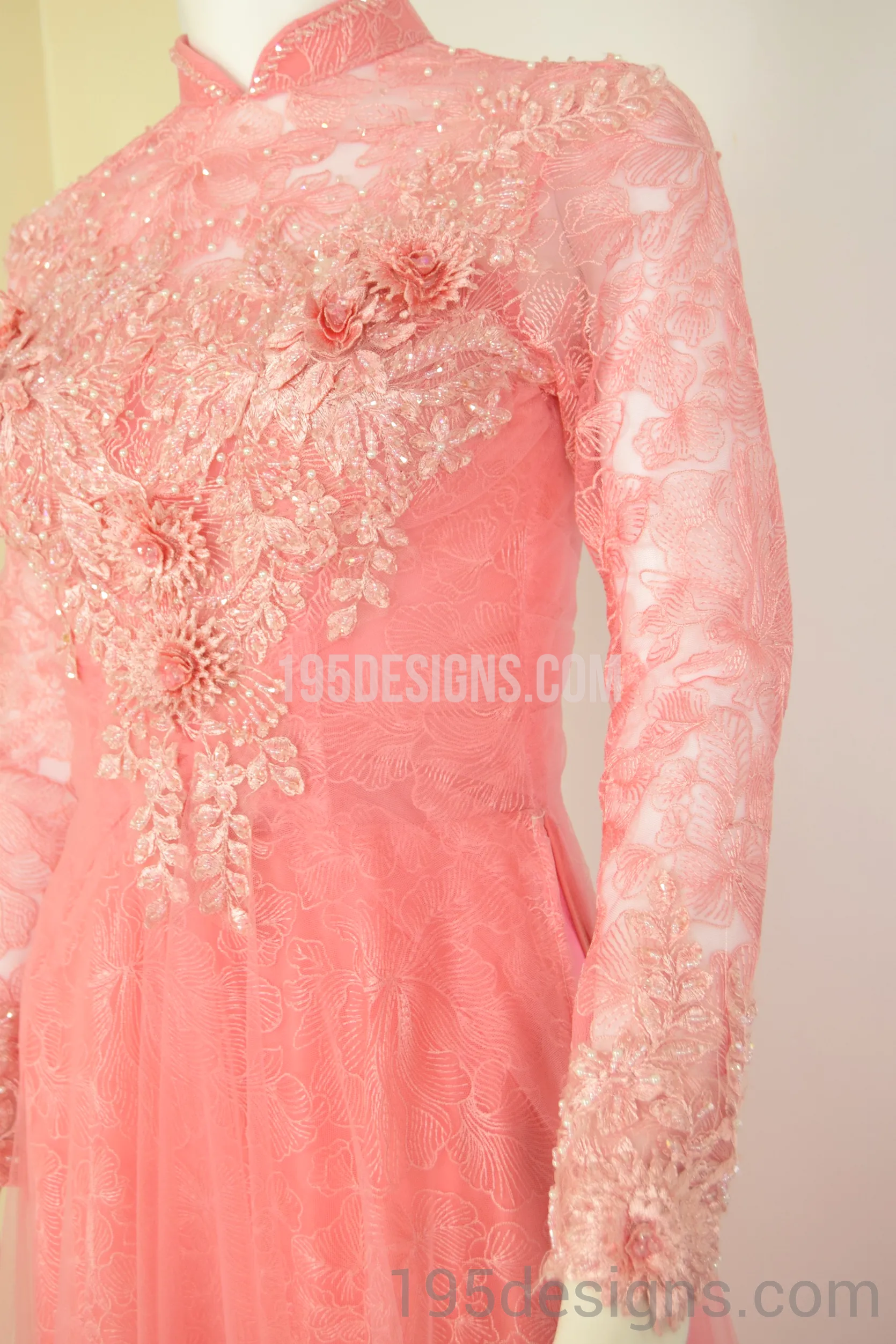 ÁO DÀI Hồng Cam Kết Hoa 3D Gold | Coral AO DAI Flower Crystal