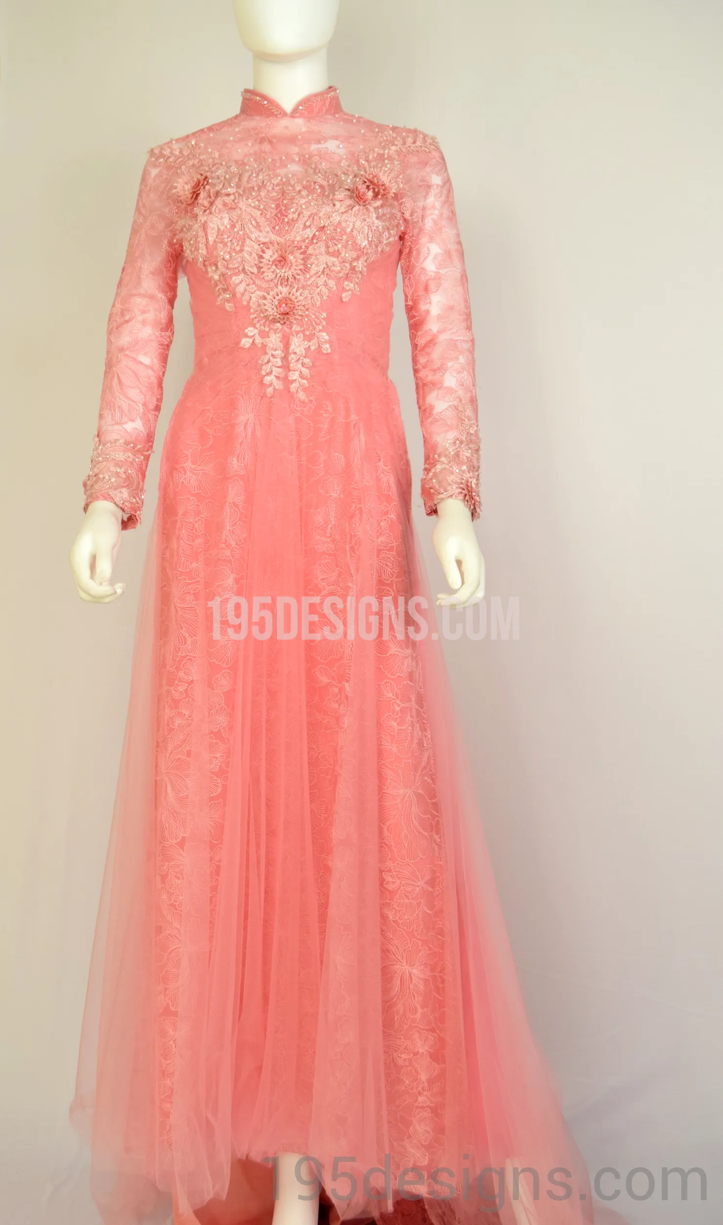 ÁO DÀI Hồng Cam Kết Hoa 3D Gold | Coral AO DAI Flower Crystal