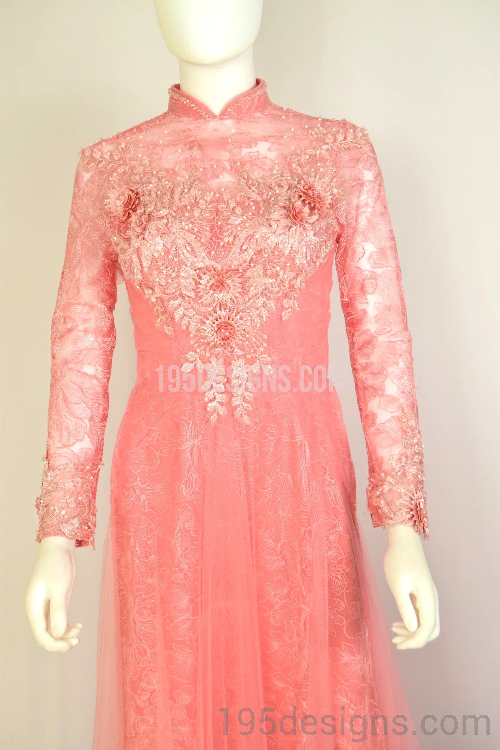 ÁO DÀI Hồng Cam Kết Hoa 3D Gold | Coral AO DAI Flower Crystal