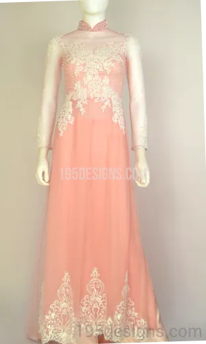 ÁO DÀI Hồng Kết Cườm Tay Von | Peach AO DAI Crystal Long Tail