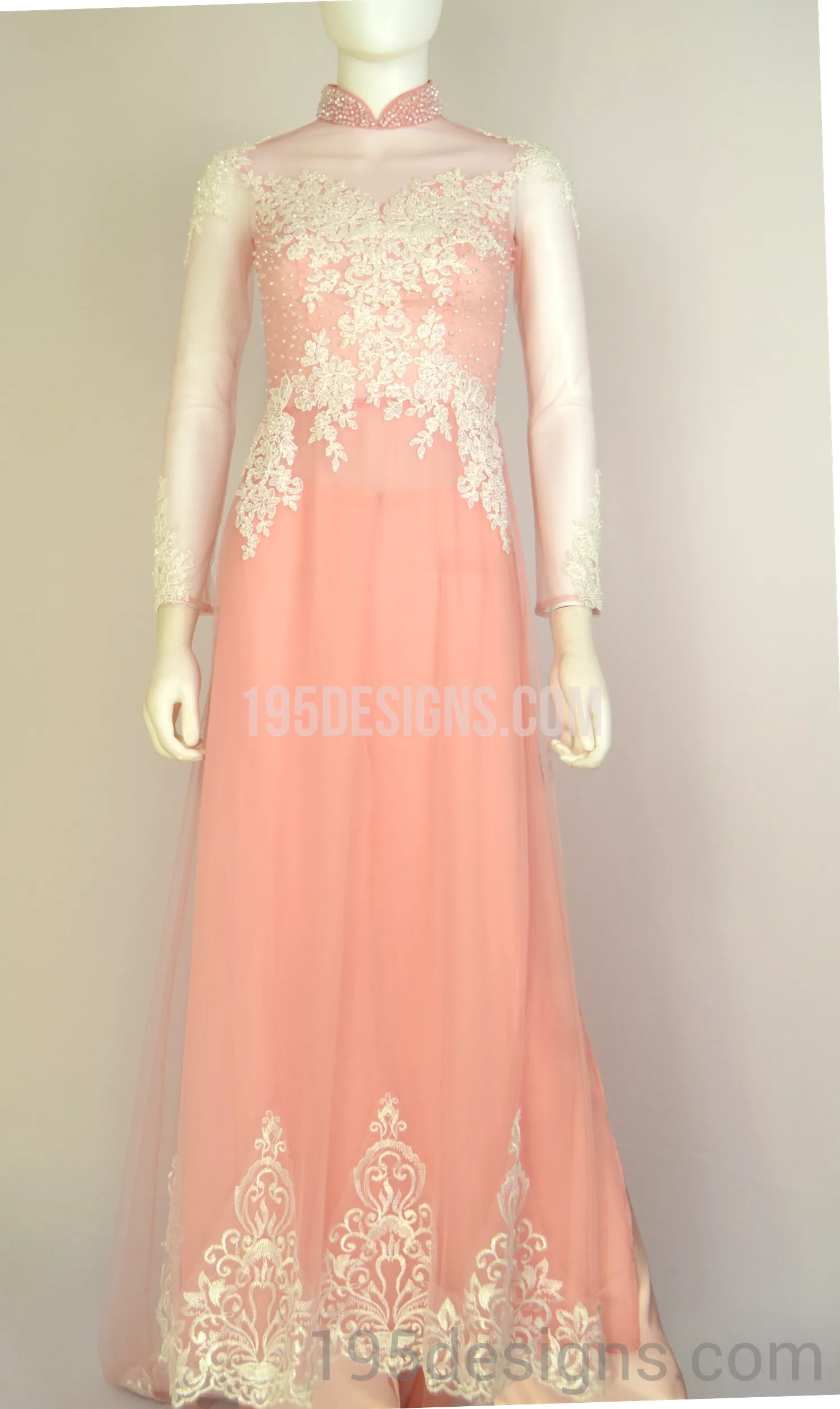 ÁO DÀI Hồng Kết Cườm Tay Von | Peach AO DAI Crystal Long Tail