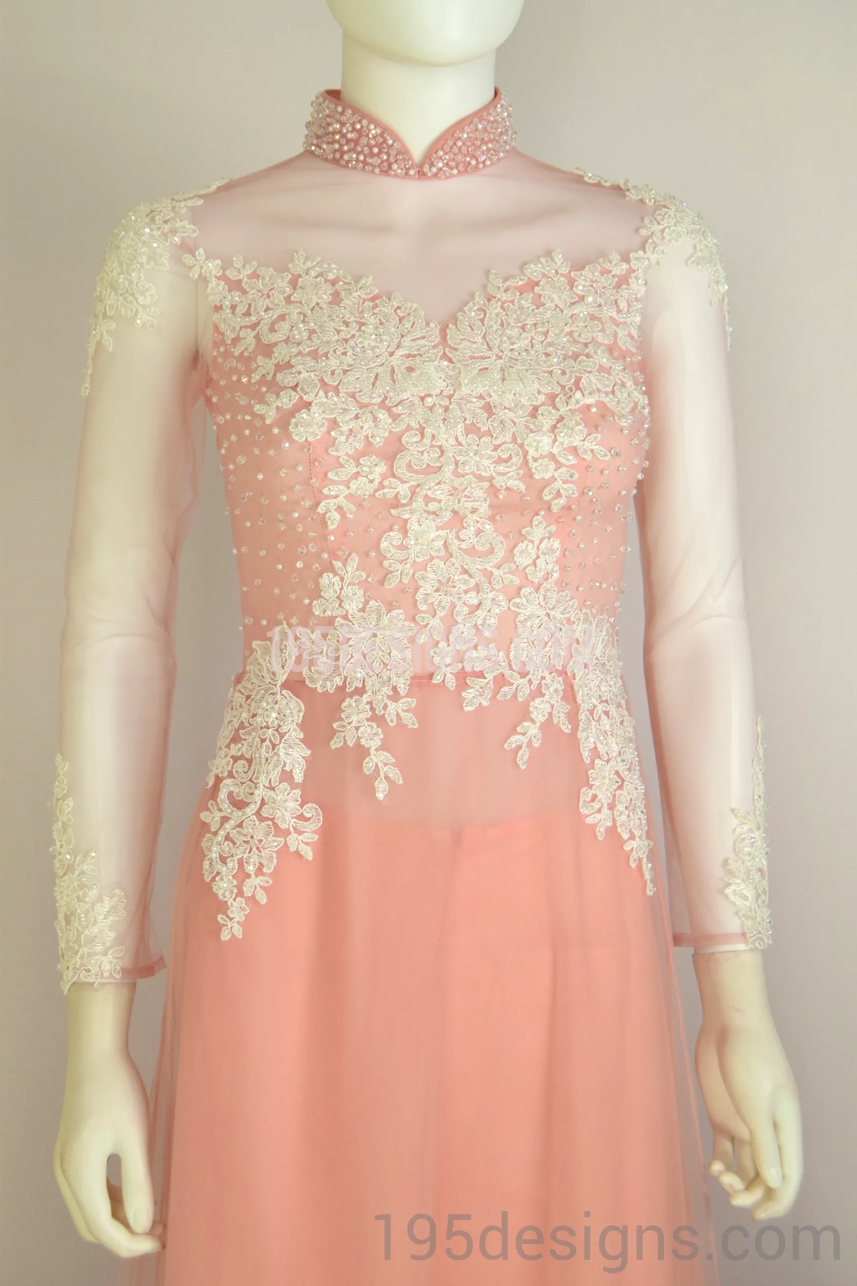 ÁO DÀI Hồng Kết Cườm Tay Von | Peach AO DAI Crystal Long Tail