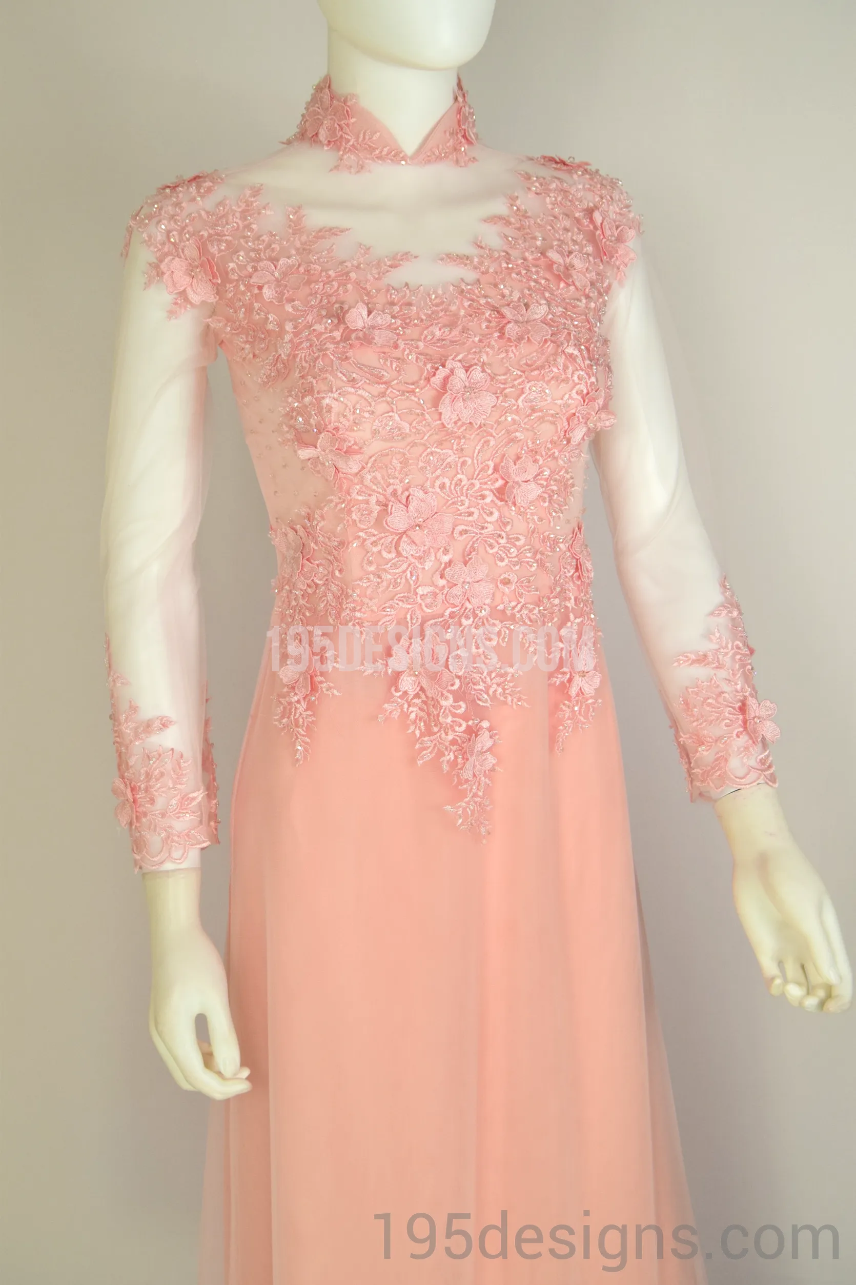 ÁO DÀI Hồng Kết Cườm Tay Von | Peach AO DAI Crystal