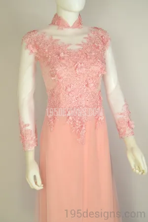 ÁO DÀI Hồng Kết Cườm Tay Von | Peach AO DAI Crystal