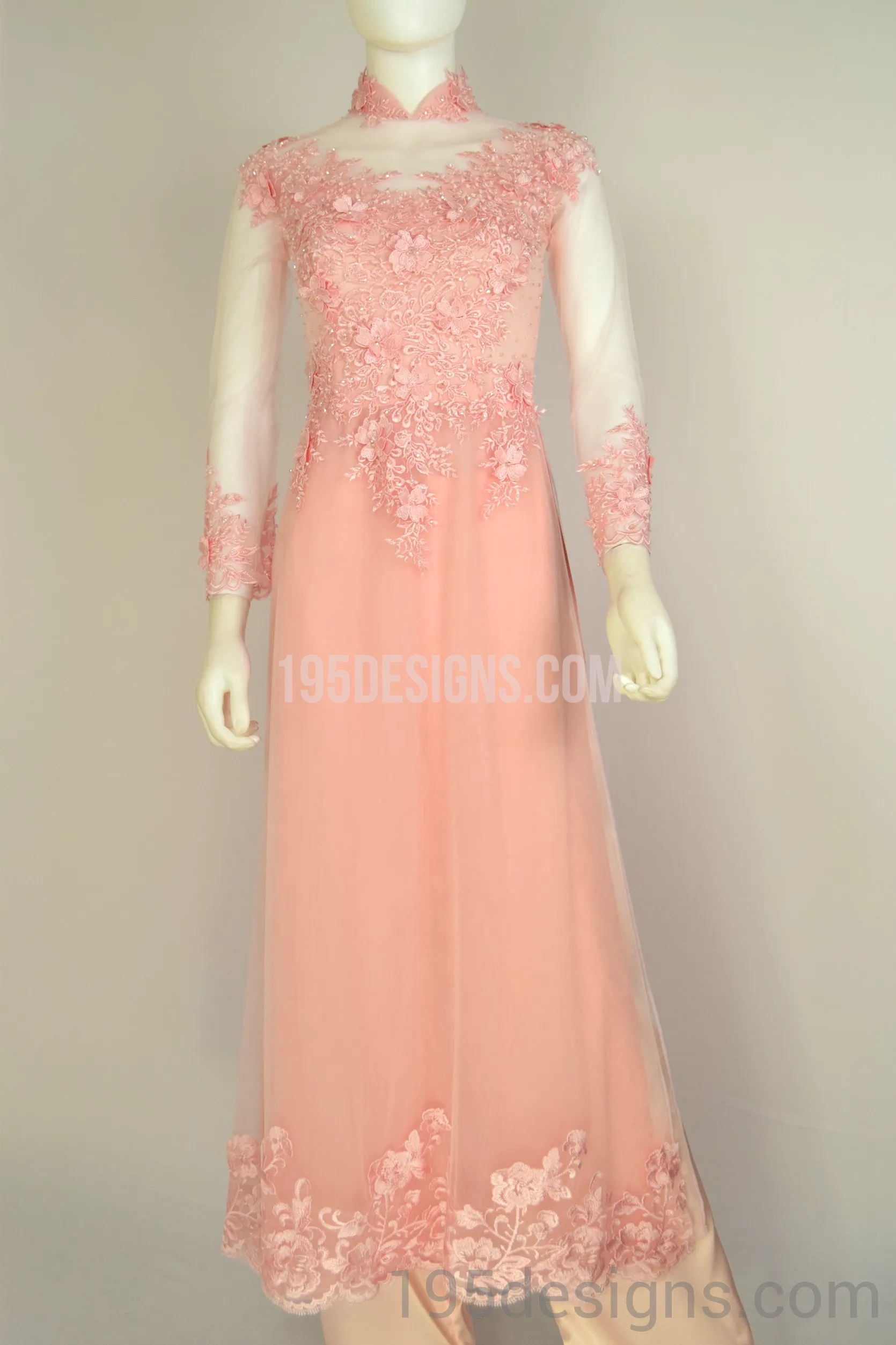 ÁO DÀI Hồng Kết Cườm Tay Von | Peach AO DAI Crystal