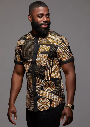 Olu Short Sleeve Mandarin Button-Up African Print Shirt (Black Brown Geometric)