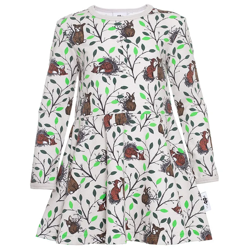 PaaPii Morning Twirly Dress - Long Sleeve - Sand/Green (Only 2 left! 3-4 & 4-5y)