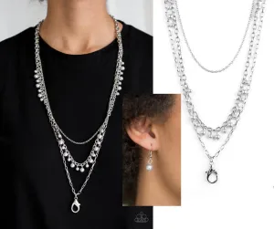 Paparazzi " Pearl Pageant " Silver Metal & Silver Pearls Lanyard Necklace Set