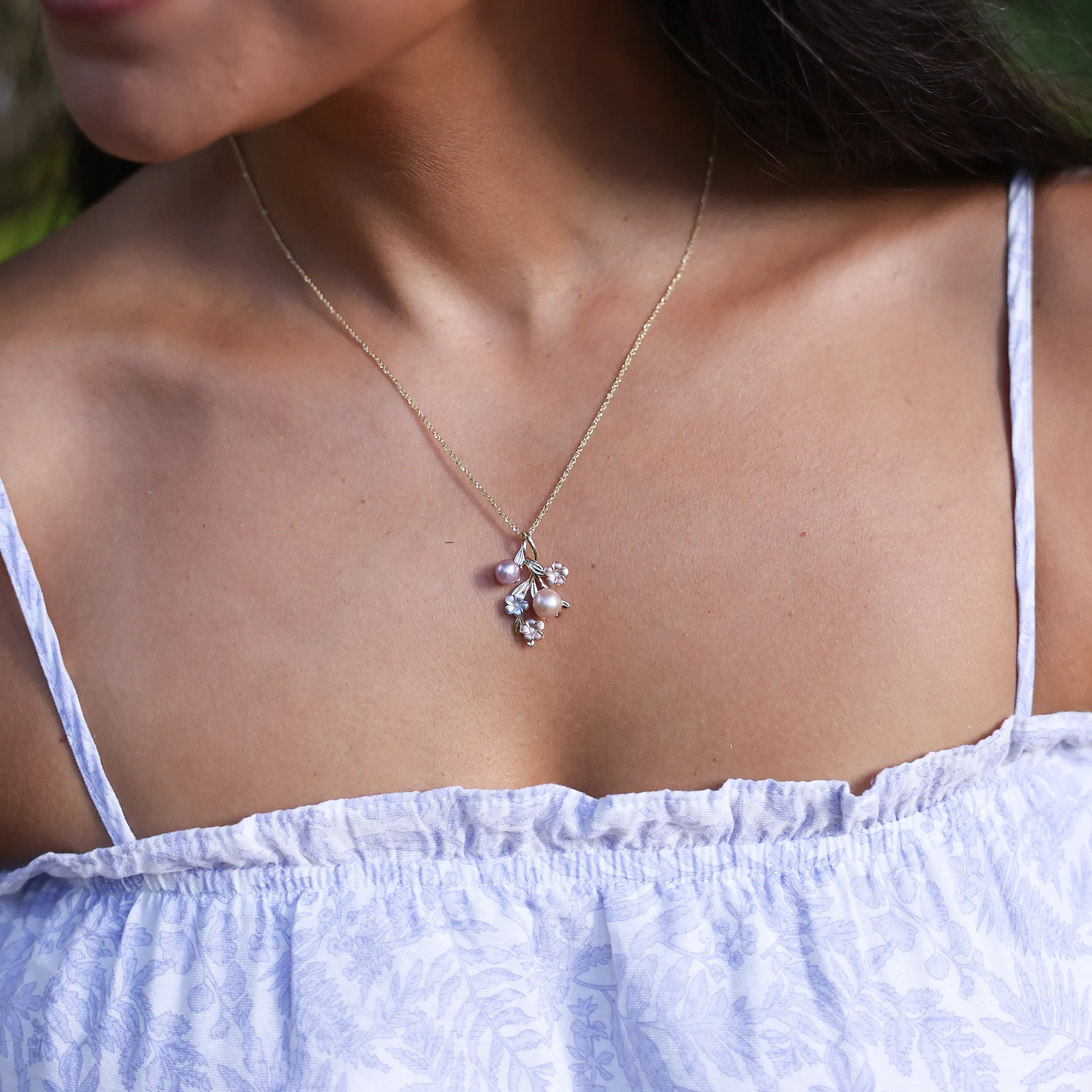Pearls in Bloom Plumeria Freshwater Pearl Pendant in Tri Color Gold with Diamonds - 27mm