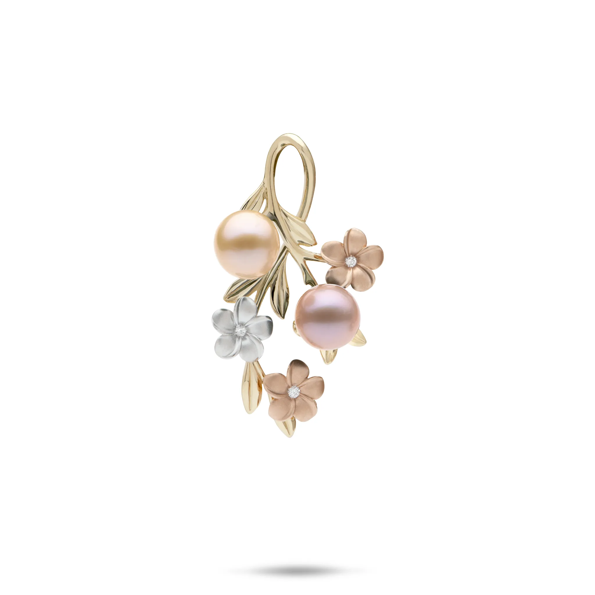 Pearls in Bloom Plumeria Freshwater Pearl Pendant in Tri Color Gold with Diamonds - 27mm
