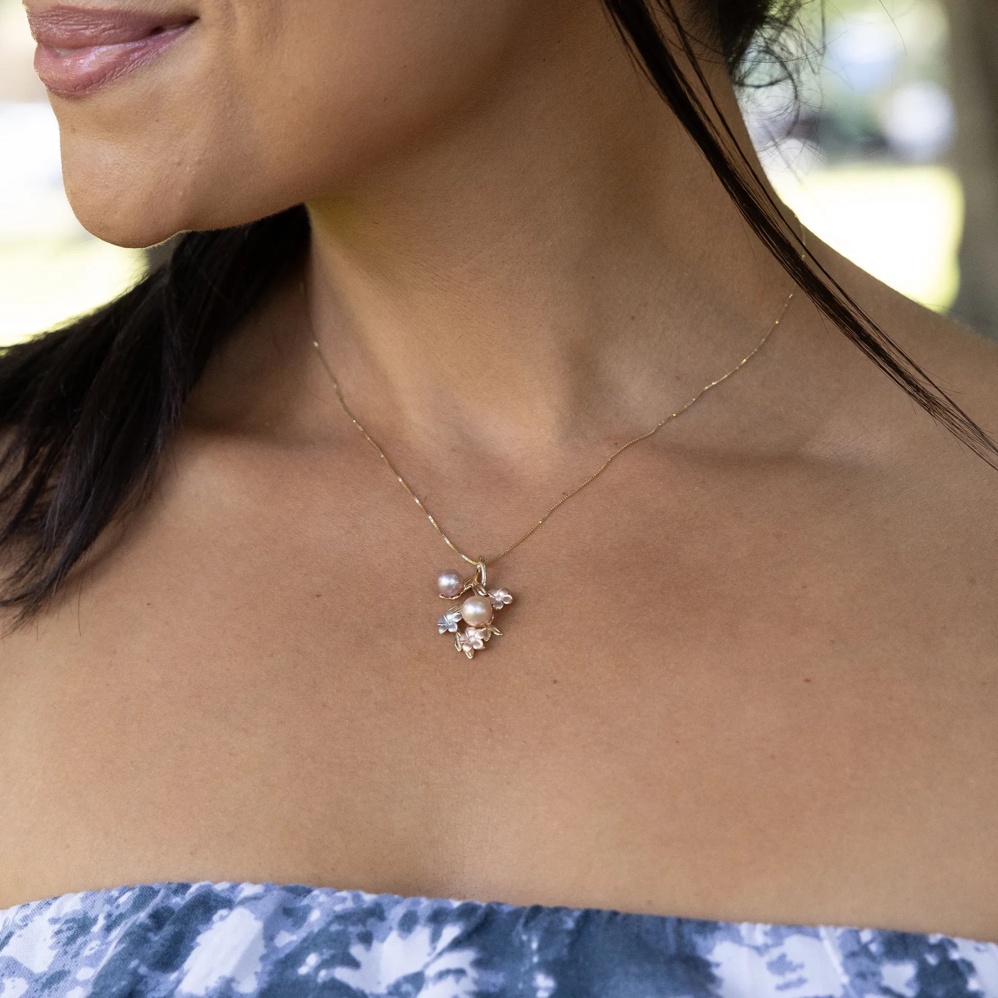 Pearls in Bloom Plumeria Freshwater Pearl Pendant in Tri Color Gold with Diamonds - 27mm