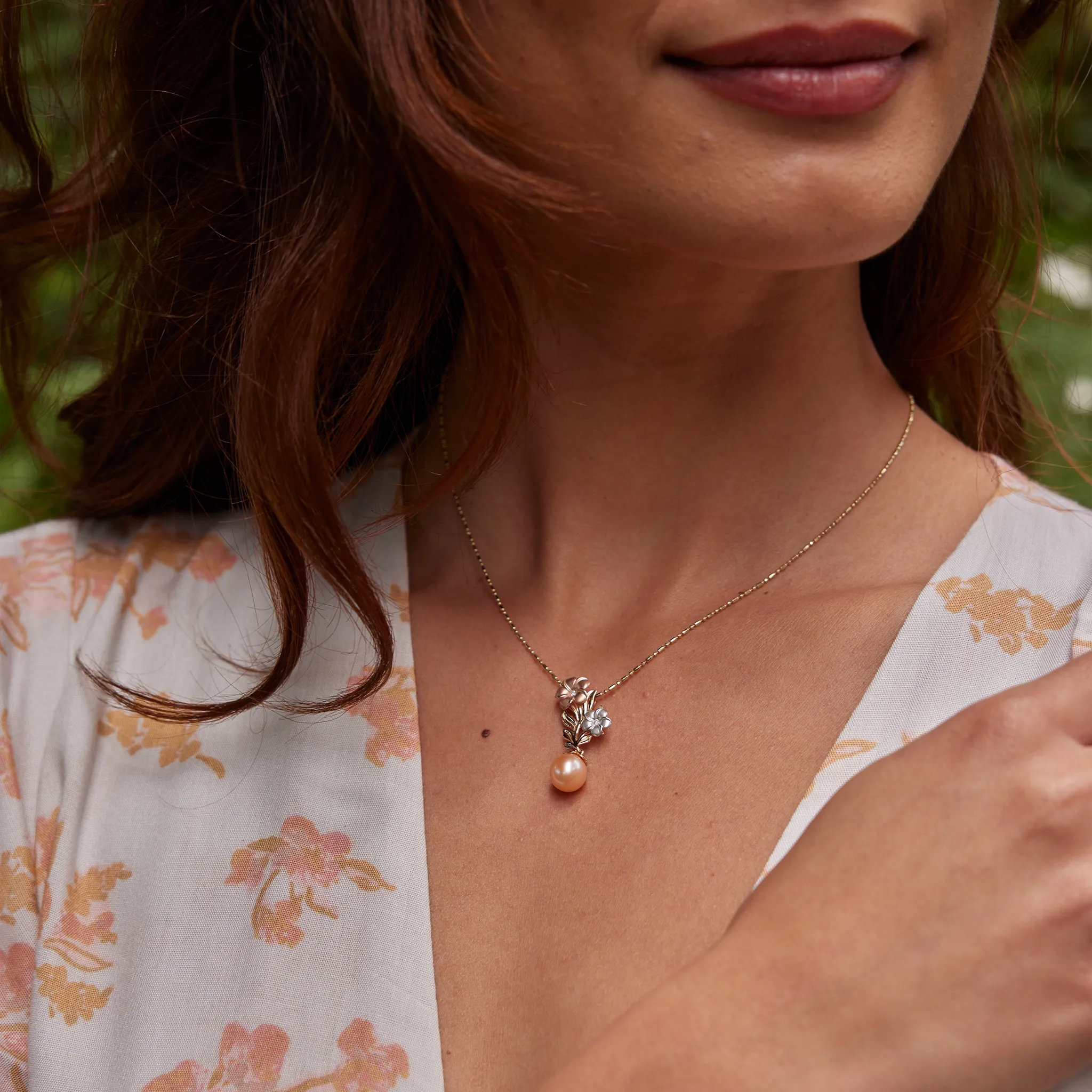Pearls in Bloom Plumeria Peach Freshwater Pearl Pendant in Tri Color Gold with Diamonds