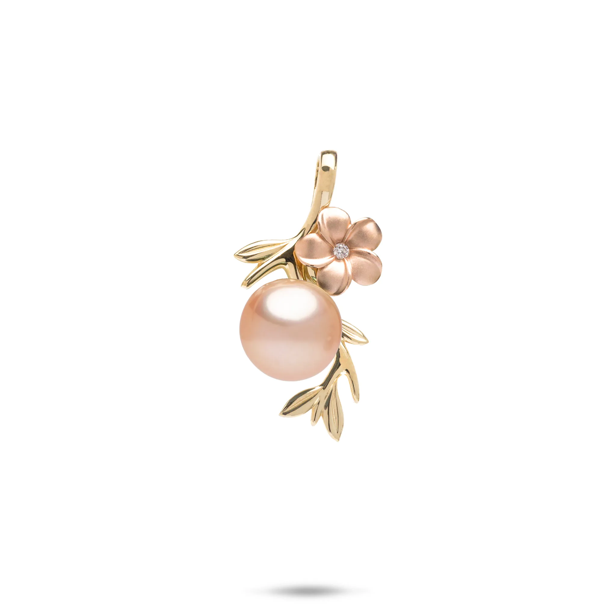 Pearls in Bloom Plumeria Peach Freshwater Pearl Pendant in Two Tone Gold with Diamonds - 8mm